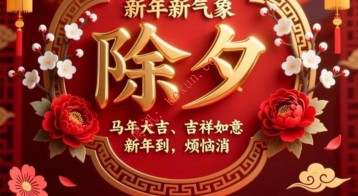 除夕良辰，辞旧迎新。祝您在马年：龙马精神，身体康健；一马当先，事业有成；马到成功，万事顺遂；策马奔腾，前程似锦！阖家欢乐，福暖四季！